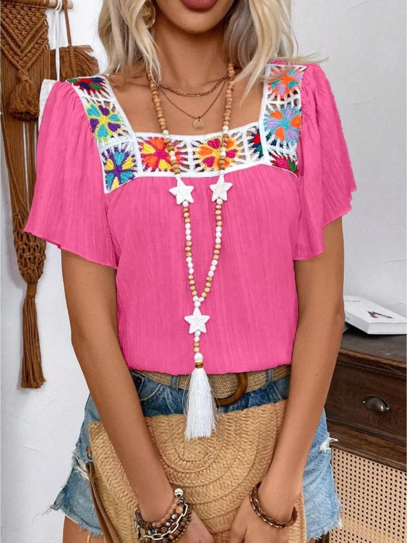 Embroidered Square Neck Flutter Sleeve Blouse 