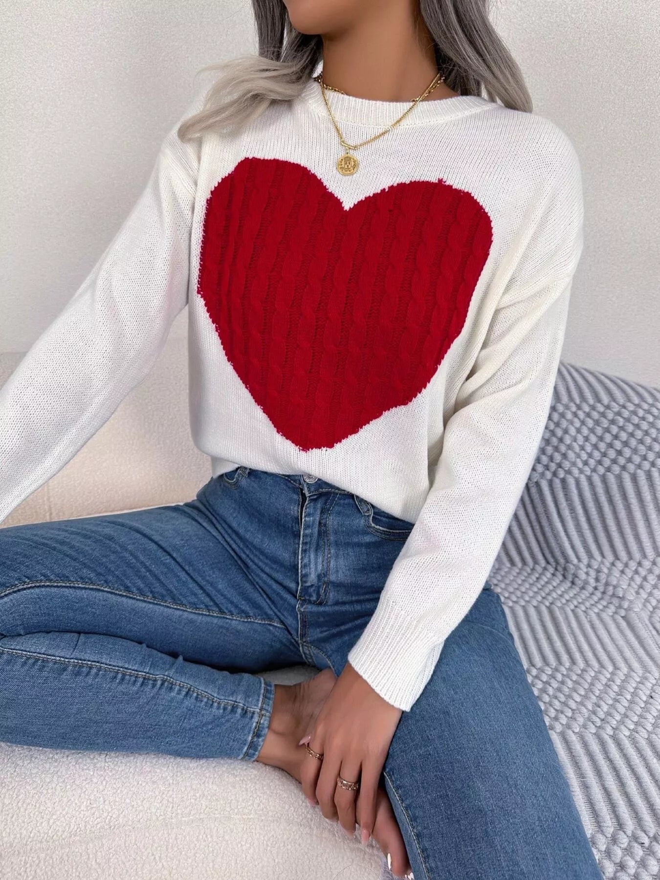 Cable Knit Heart Round Neck Sweater 