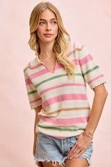 BiBi Multi Colors Stripes Collared Knit Top 