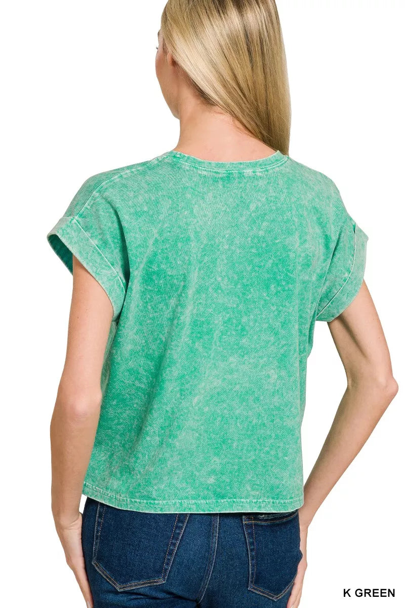 Zenana Halo Washed Cotton Cuffed Short Sleeve Top 