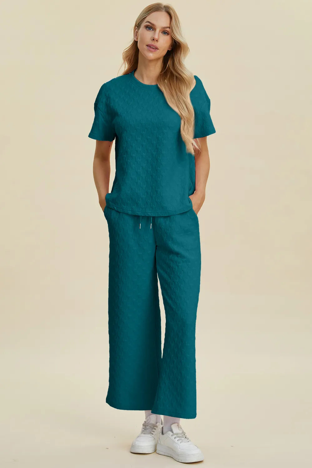Double Take Full Size Texture Round Neck Short Sleeve Top and Pants Set 