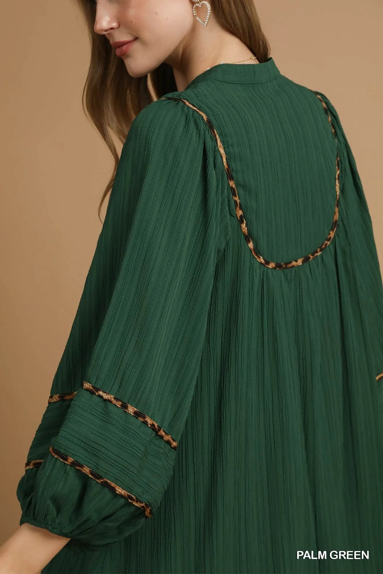 Umgee Textured Babydoll Dress with Leopard Trim 