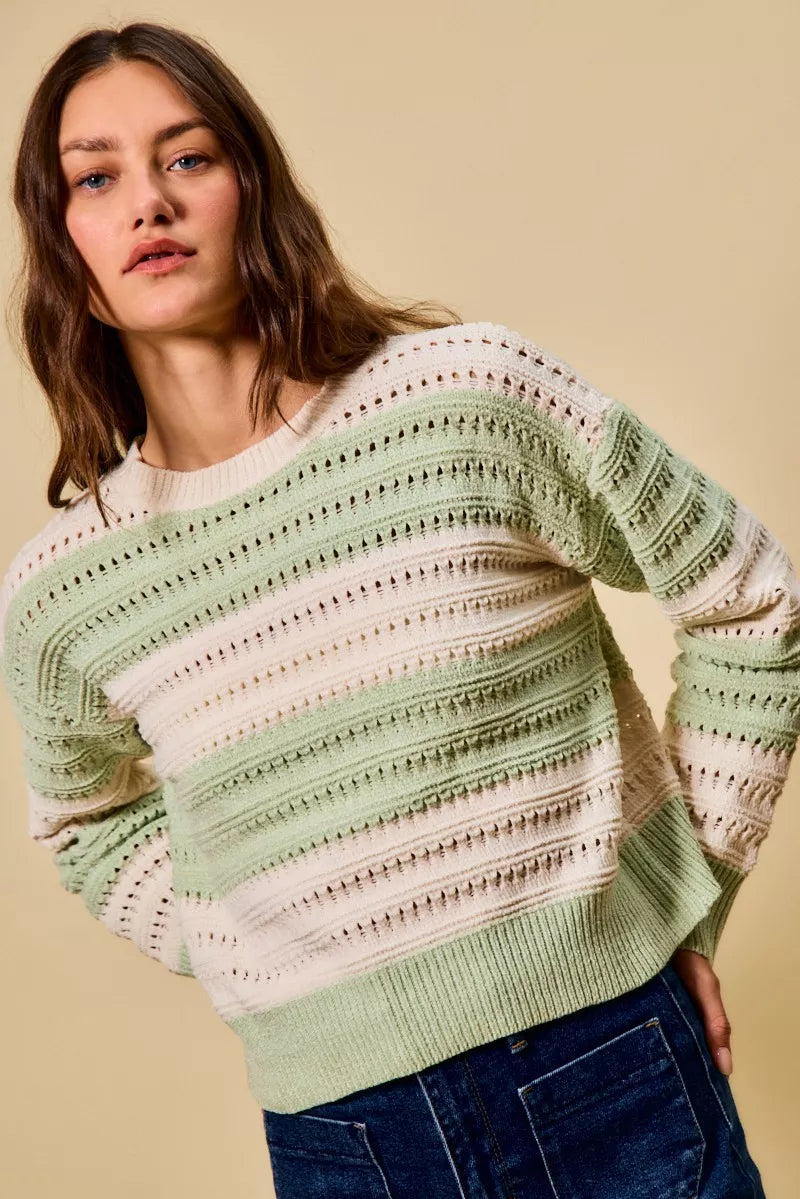 SO ME Openwork Round Neck Wide Stripe Textured Sweater 