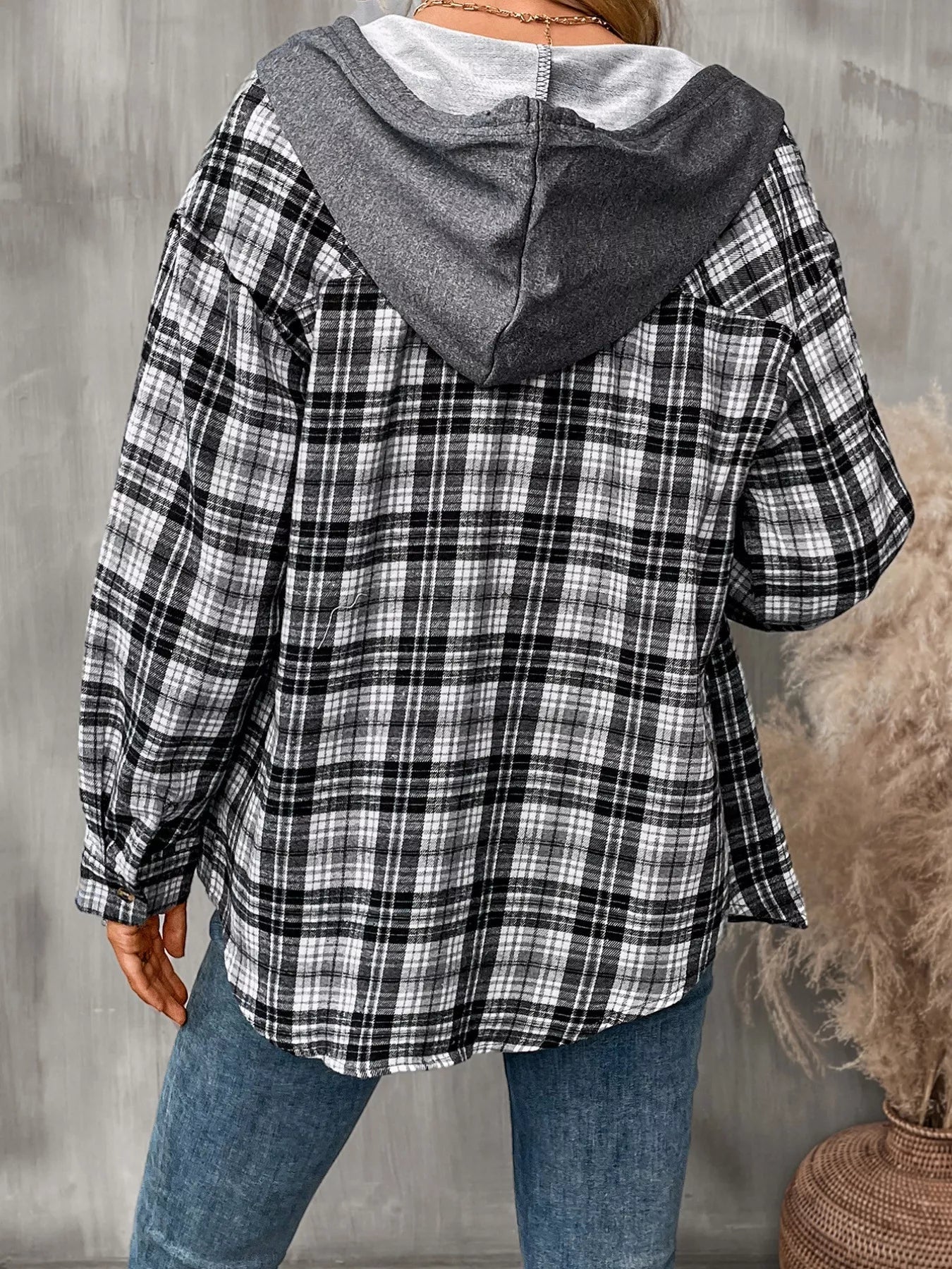Plaid Button-Up Hooded Shirt with Chest Pocket 