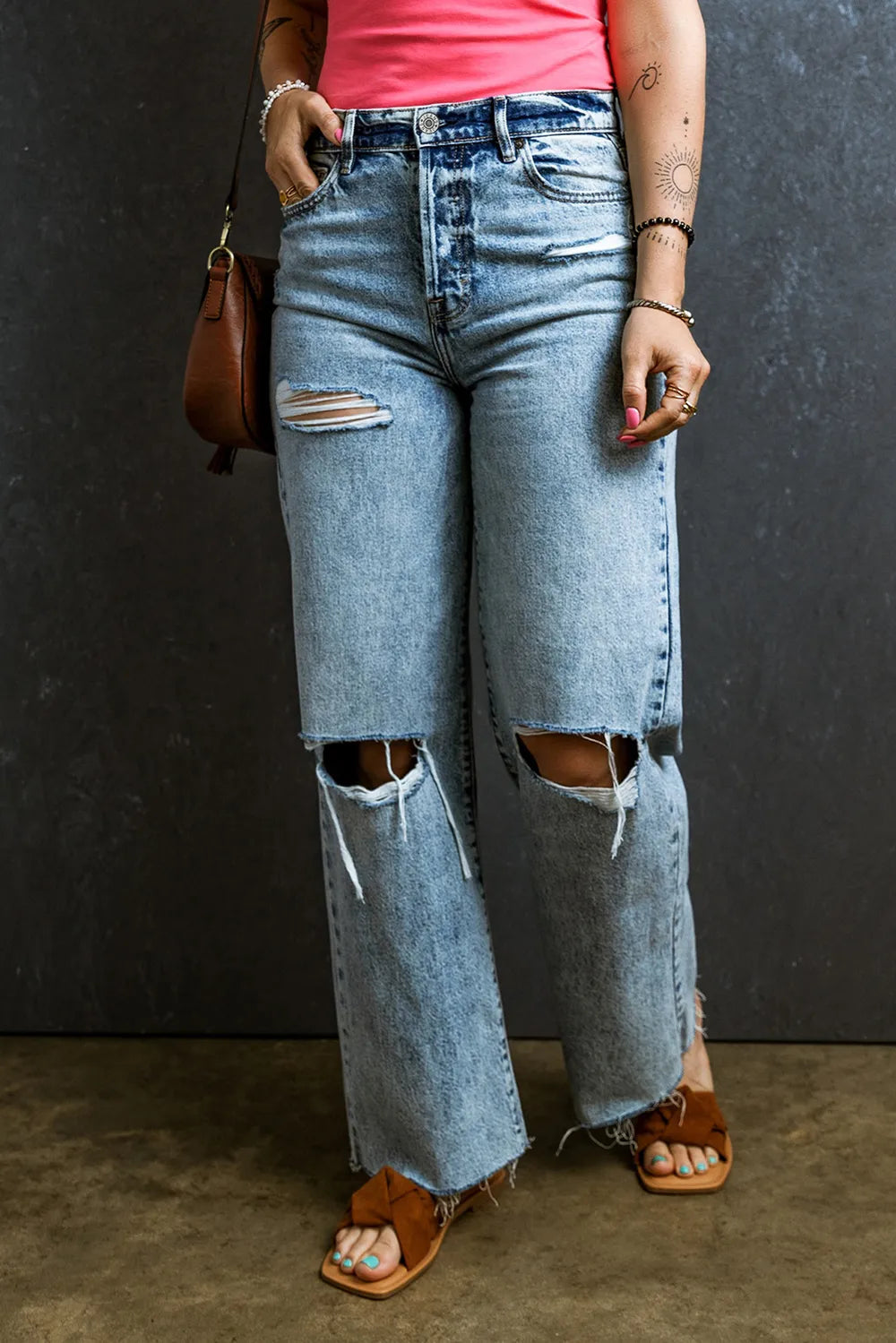 Distressed Raw Hem Straight Jeans 