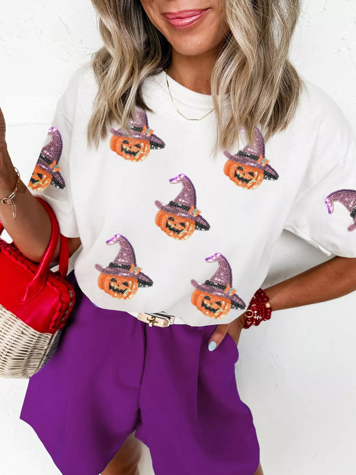 Sequin Pumpkin Witch Halloween Tee 