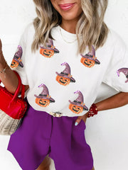 Sequin Pumpkin Witch Halloween Tee 