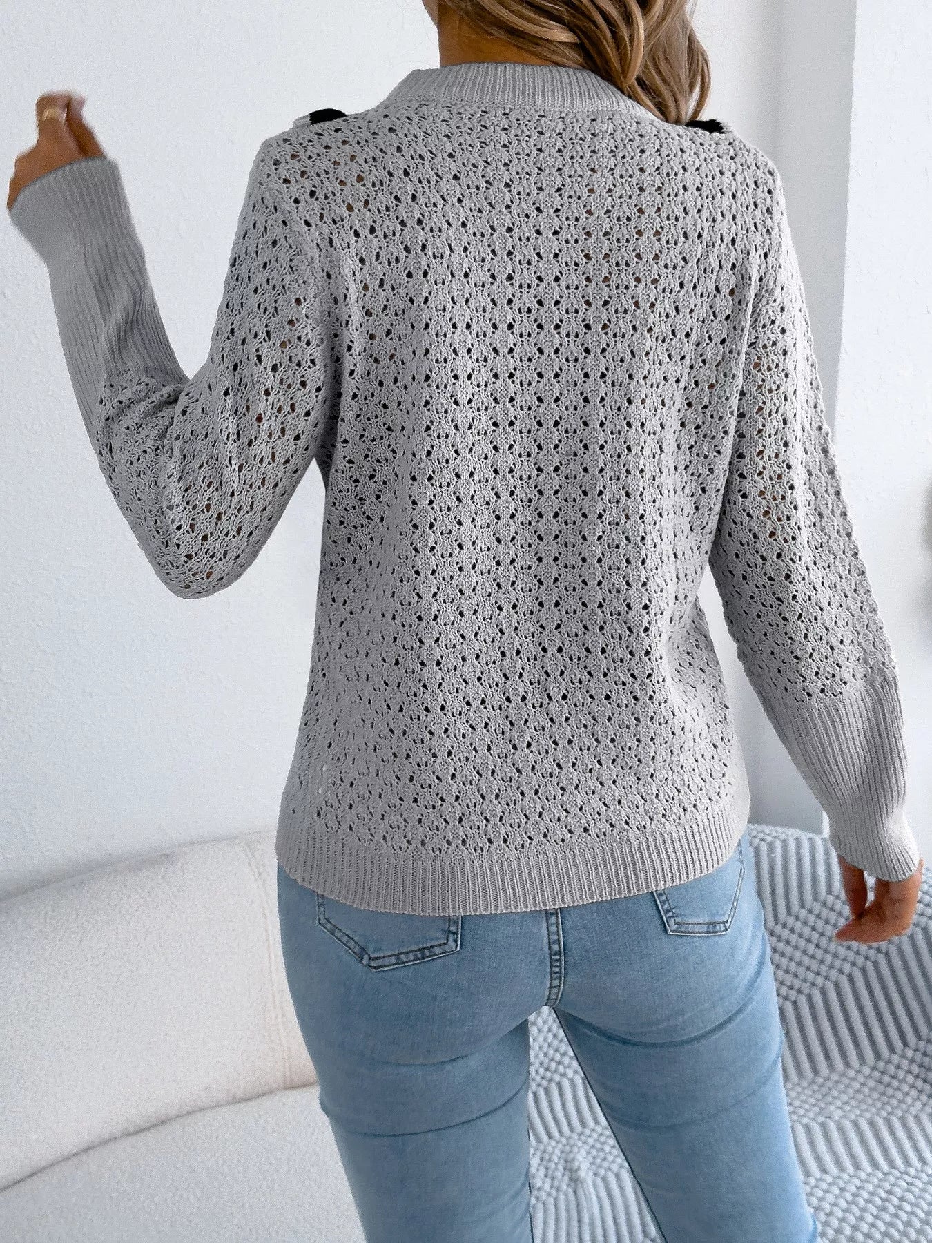 Hollow-Out Knit Top with Contrast Trim 