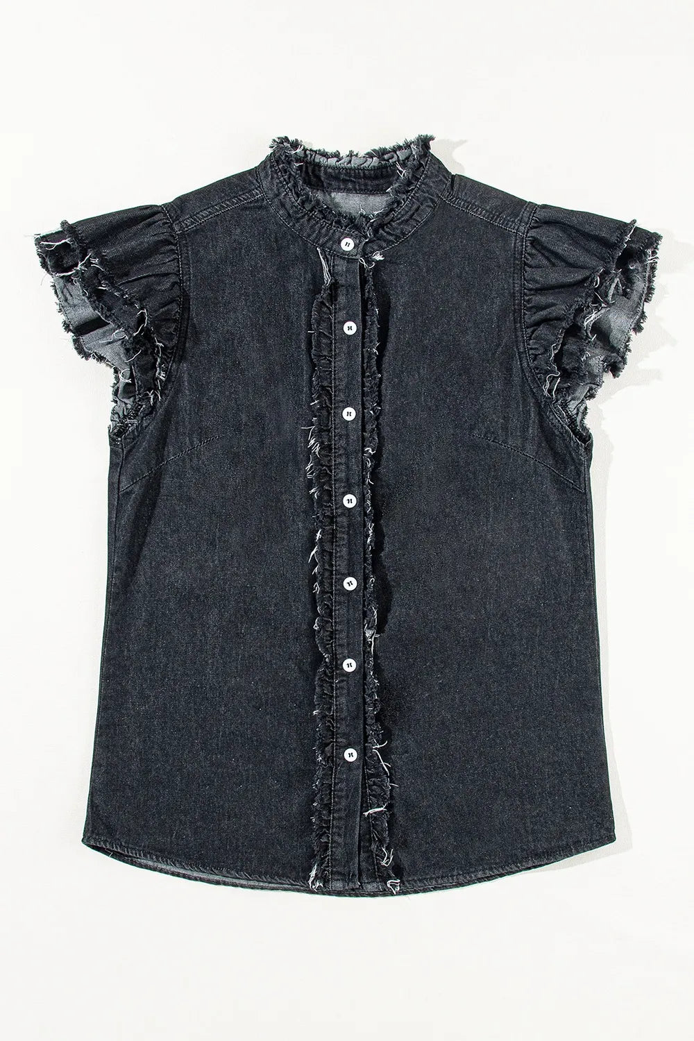 Button Down Raw Hem Ruffled Denim Shirt 