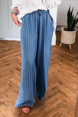 Stripe Chambray Wide Leg Tied Elastic Waist Jeans 