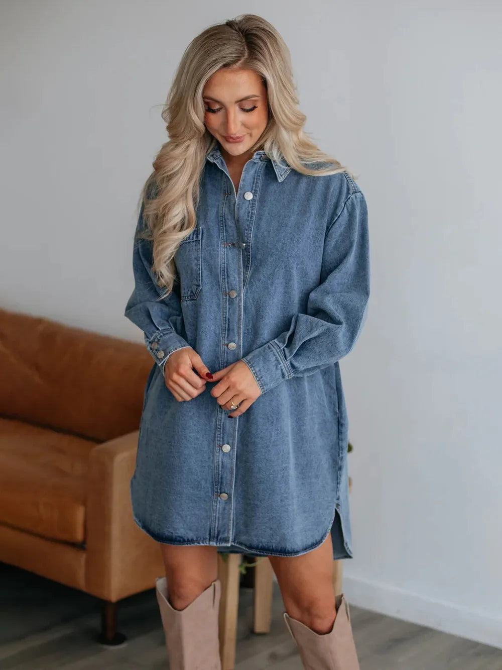 Button Up Collared Neck Long Sleeve Denim Dress 