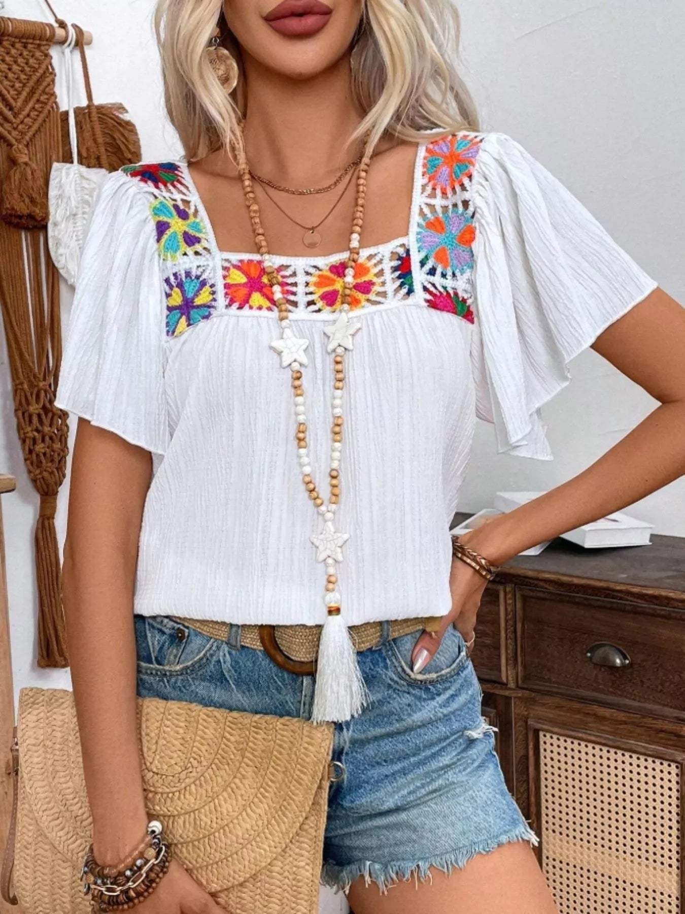 Embroidered Square Neck Flutter Sleeve Blouse 