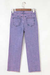 Washed Raw Hem Cropped Jeans 