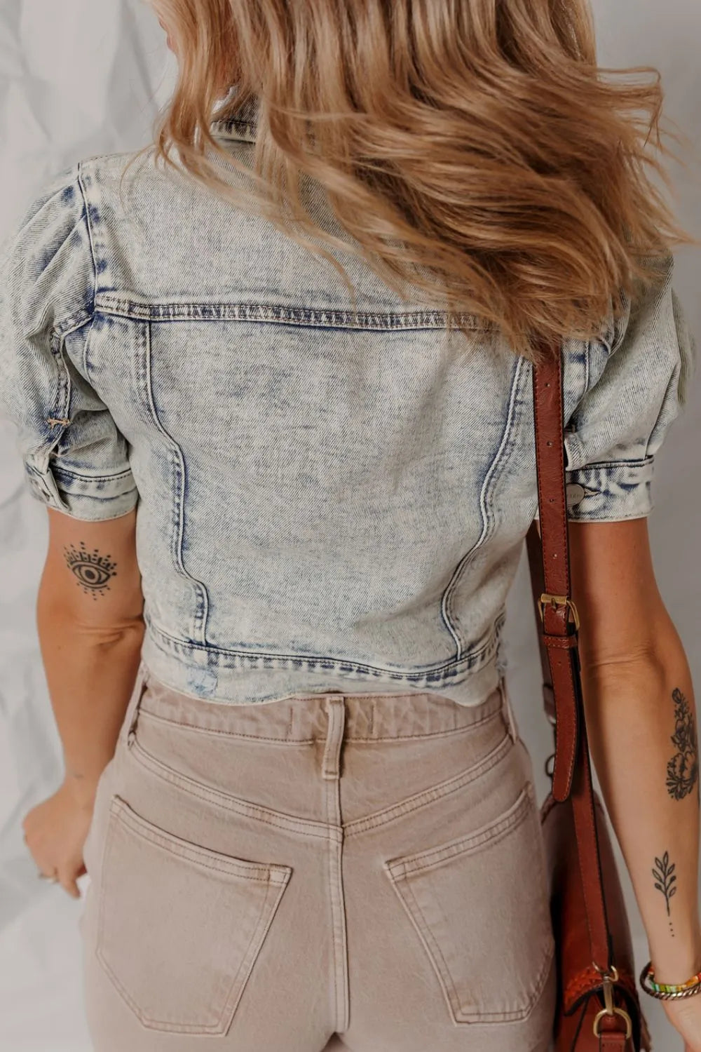 Wash Buttoned Chest Pocket Puff Sleeve Denim Jacket 