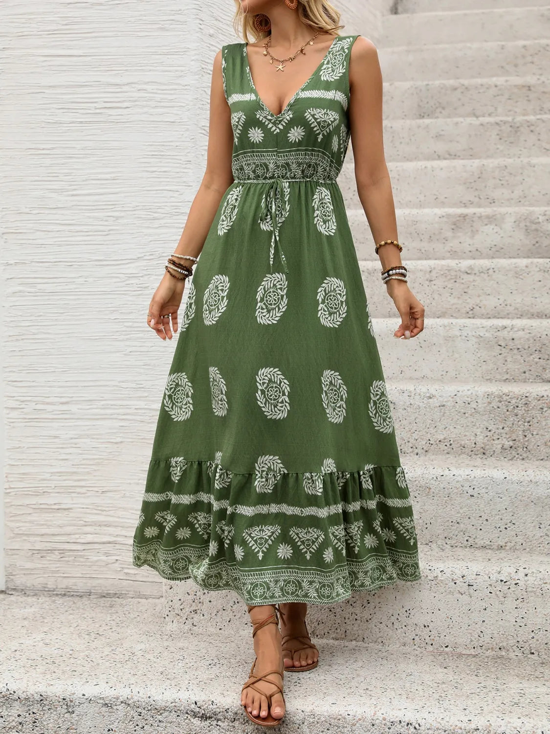 Printed V-Neck Sleeveless Dress 