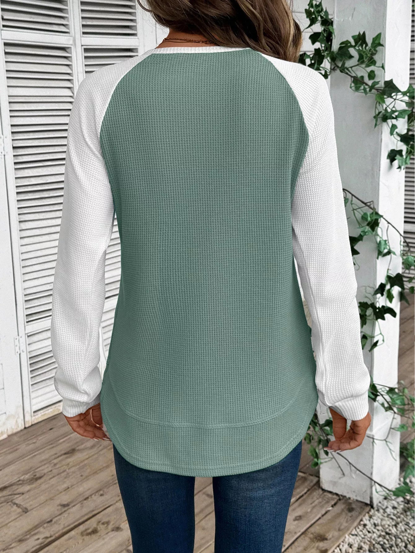 Contrast Raglan Sleeve Waffle Knit T-Shirt 