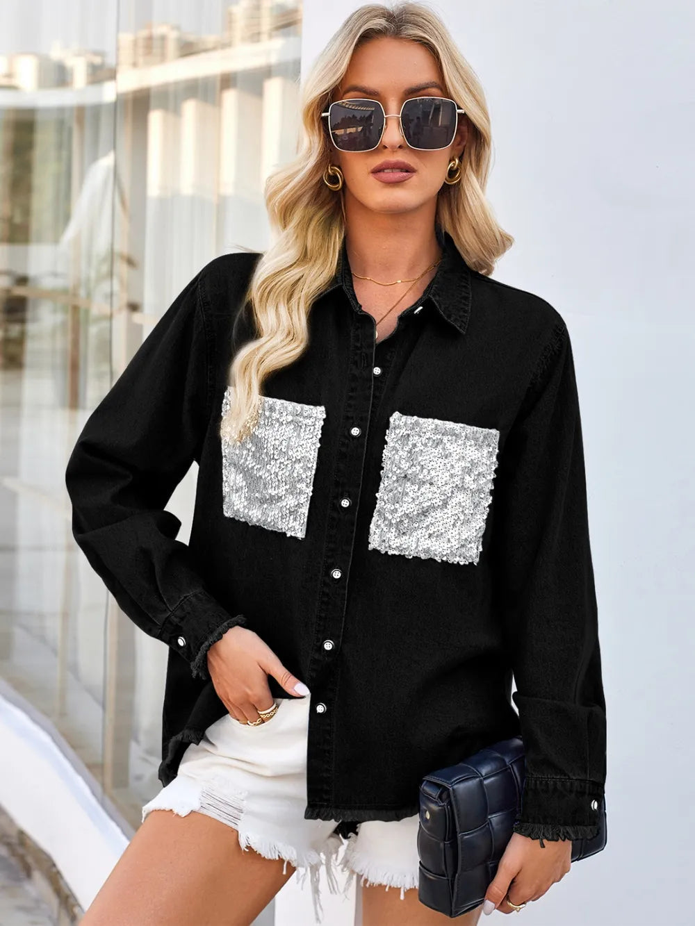 Raw Hem Button Up Long Sleeve Denim Jacket with Sequin Pockets 