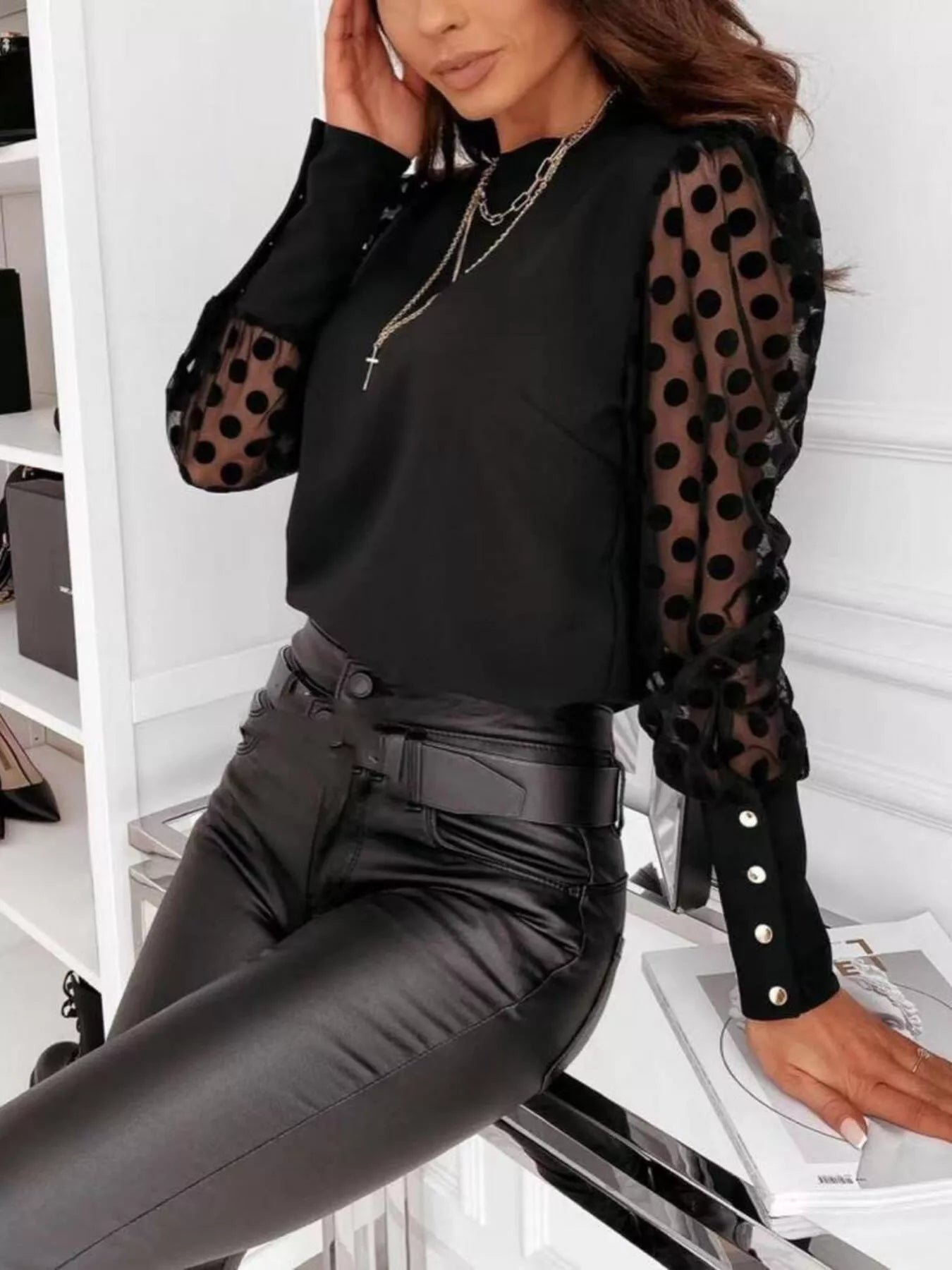 Polka Dot Mesh Sleeve Blouse 