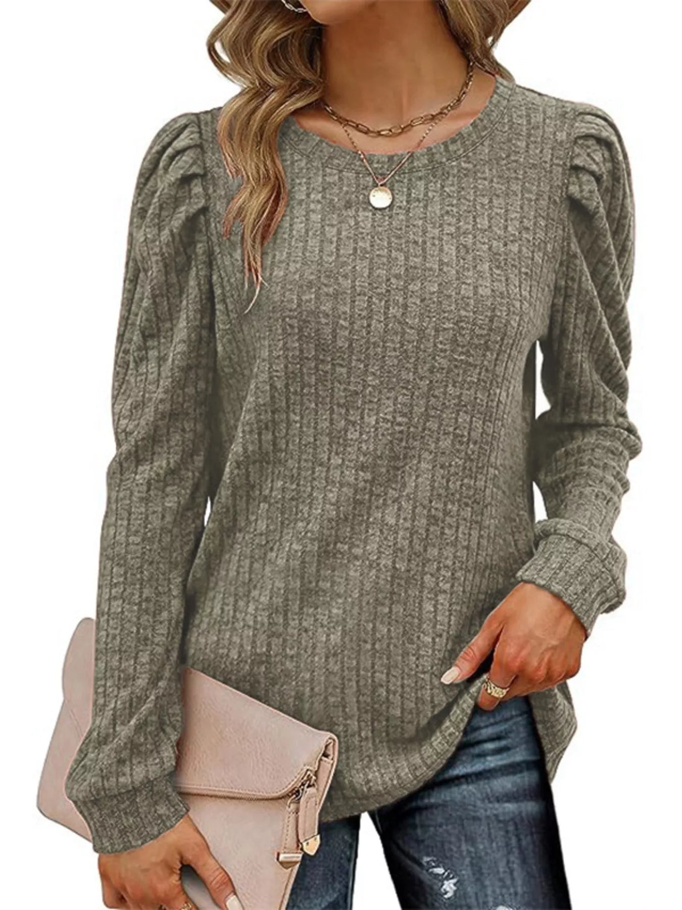 Ribbed Knit Top with Puff Sleeves 