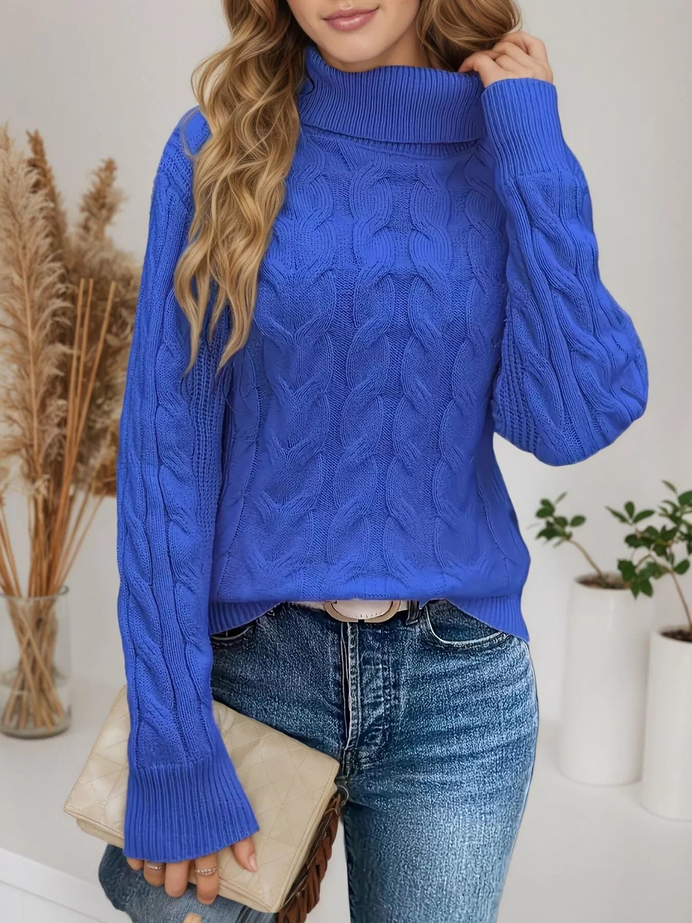 Cable Knit Turtleneck Long Sleeve Sweater 