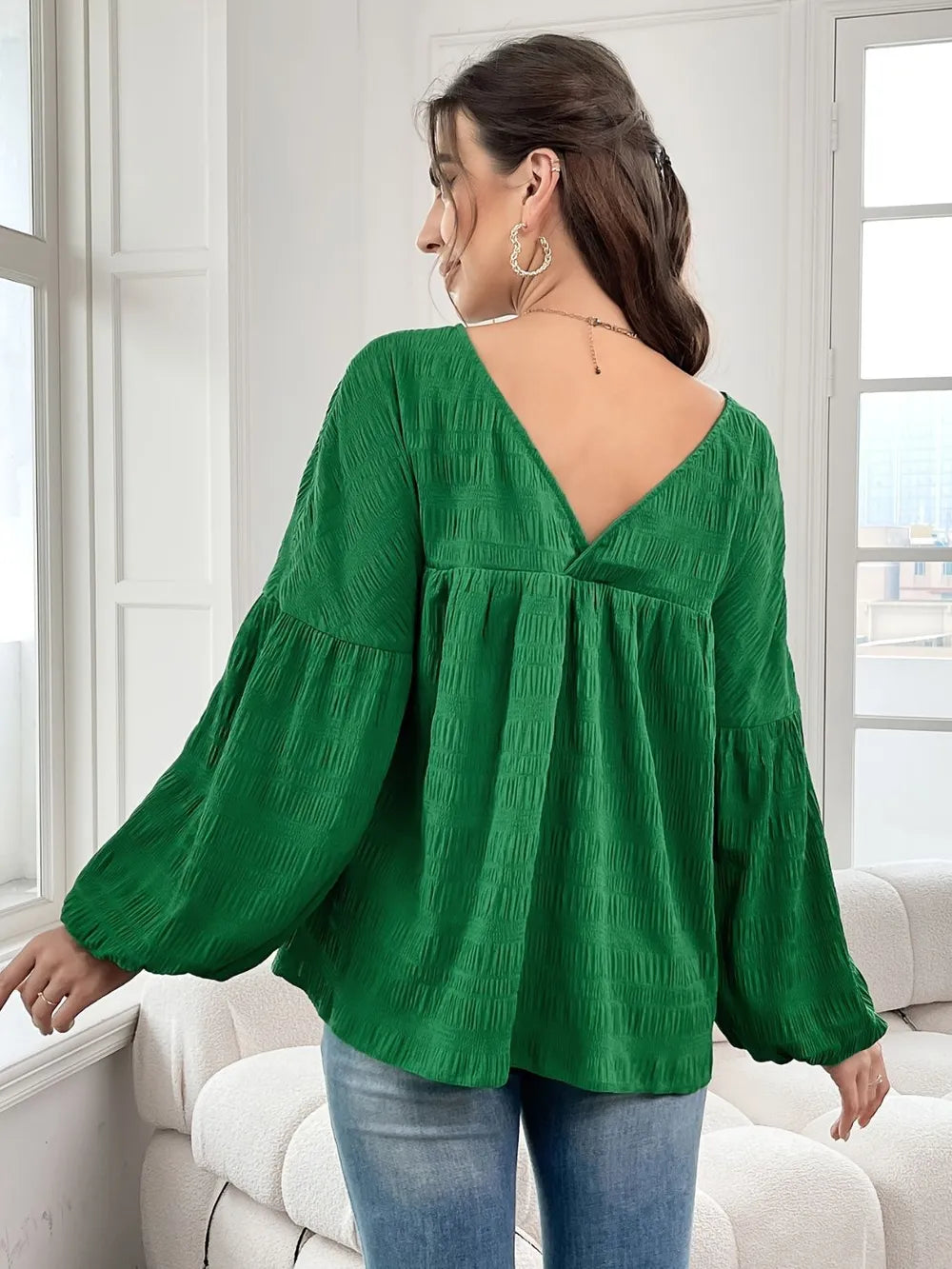 Plus Size Texture V-Neck Long Sleeve Top 