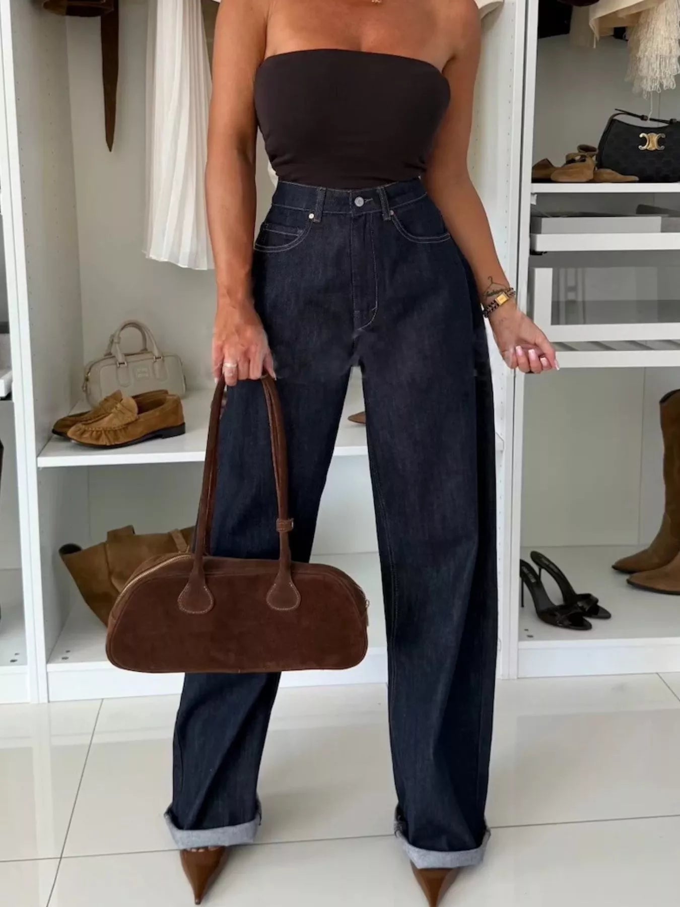 High-Waisted Wide-Leg Washed Jeans 