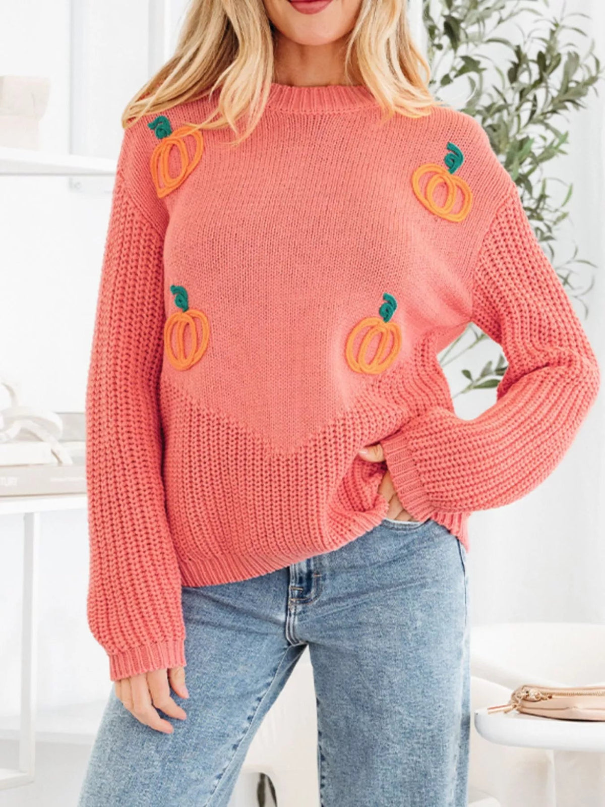 Pumpkin Embroidered Thanksgiving Holiday Sweater 