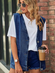 Full Size V-Neck Button Up Denim Vest 