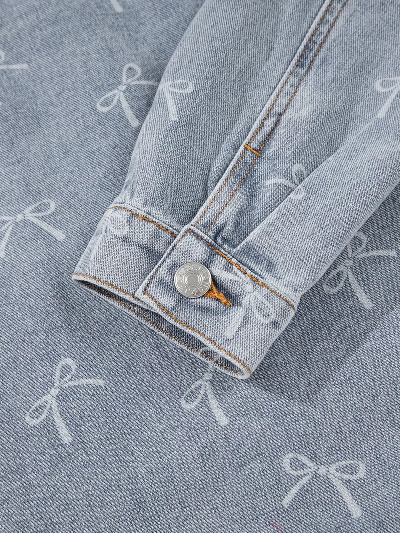 Bow Knot Print Light Wash Raw Hem Denim Jacket 