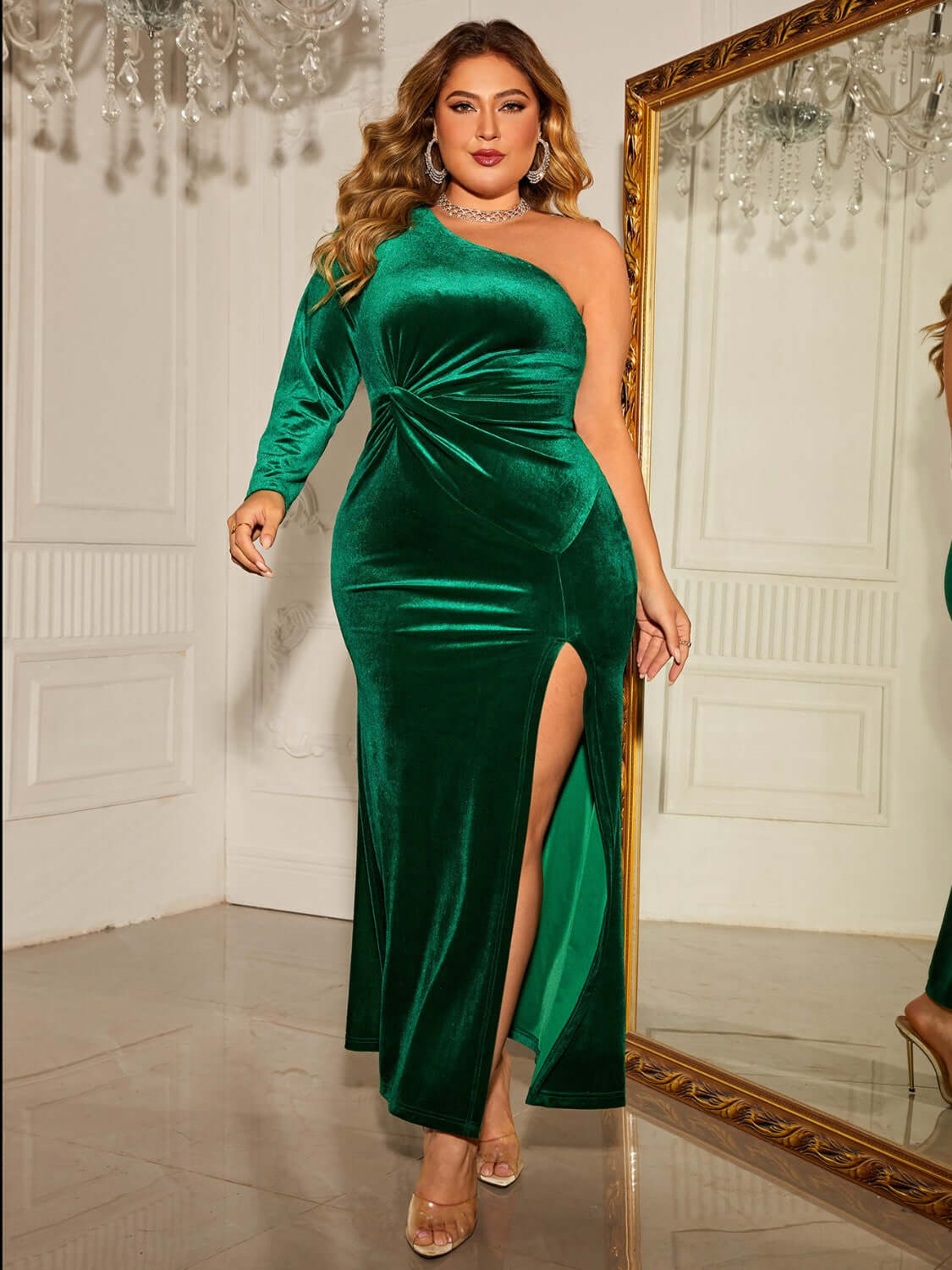 Honey Plus Size One-Shoulder Twisted Split Dress in green velvet, featuring a thigh-high slit and stylish design.