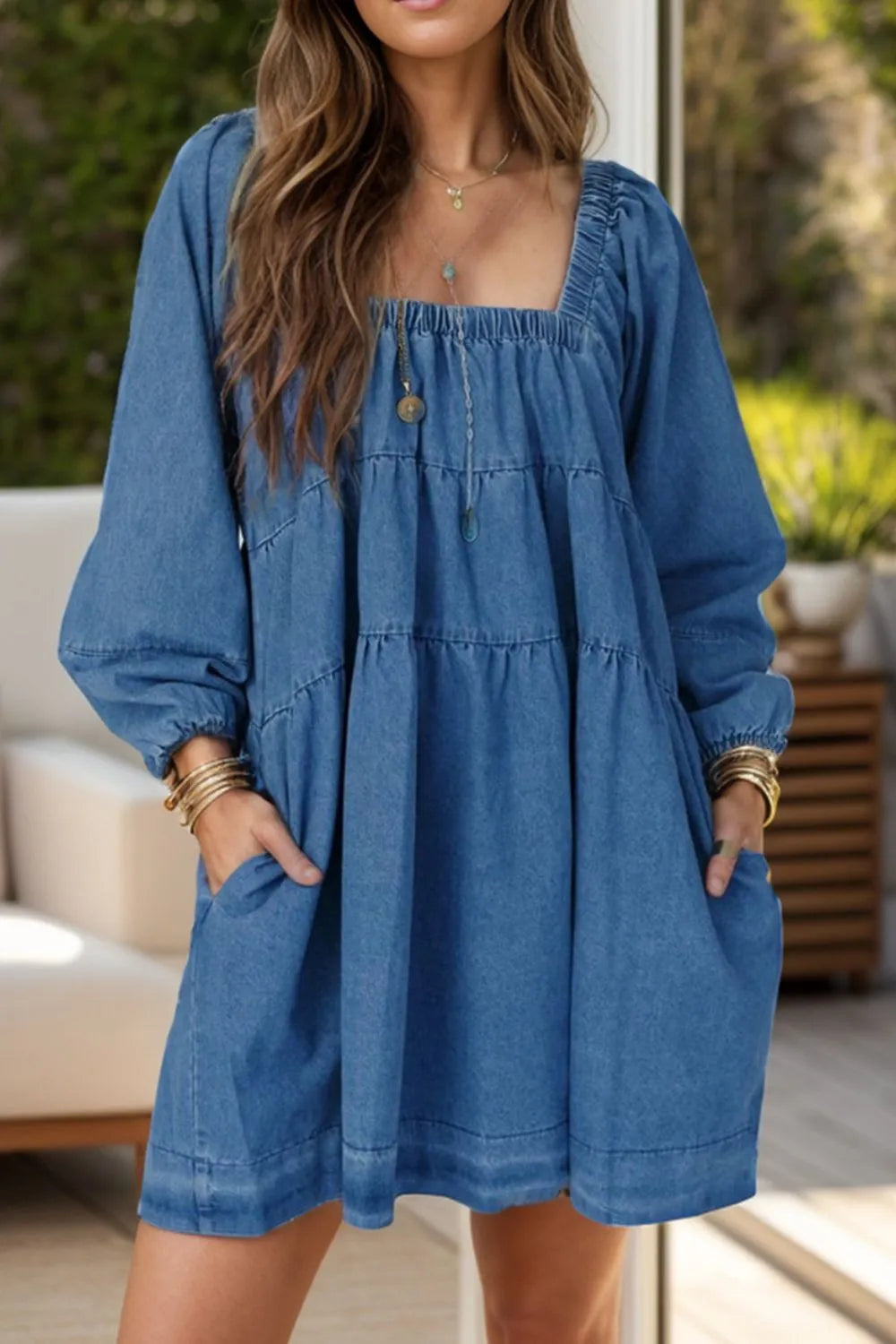Tied Square Neck Long Sleeve Denim Dress with Pockets 