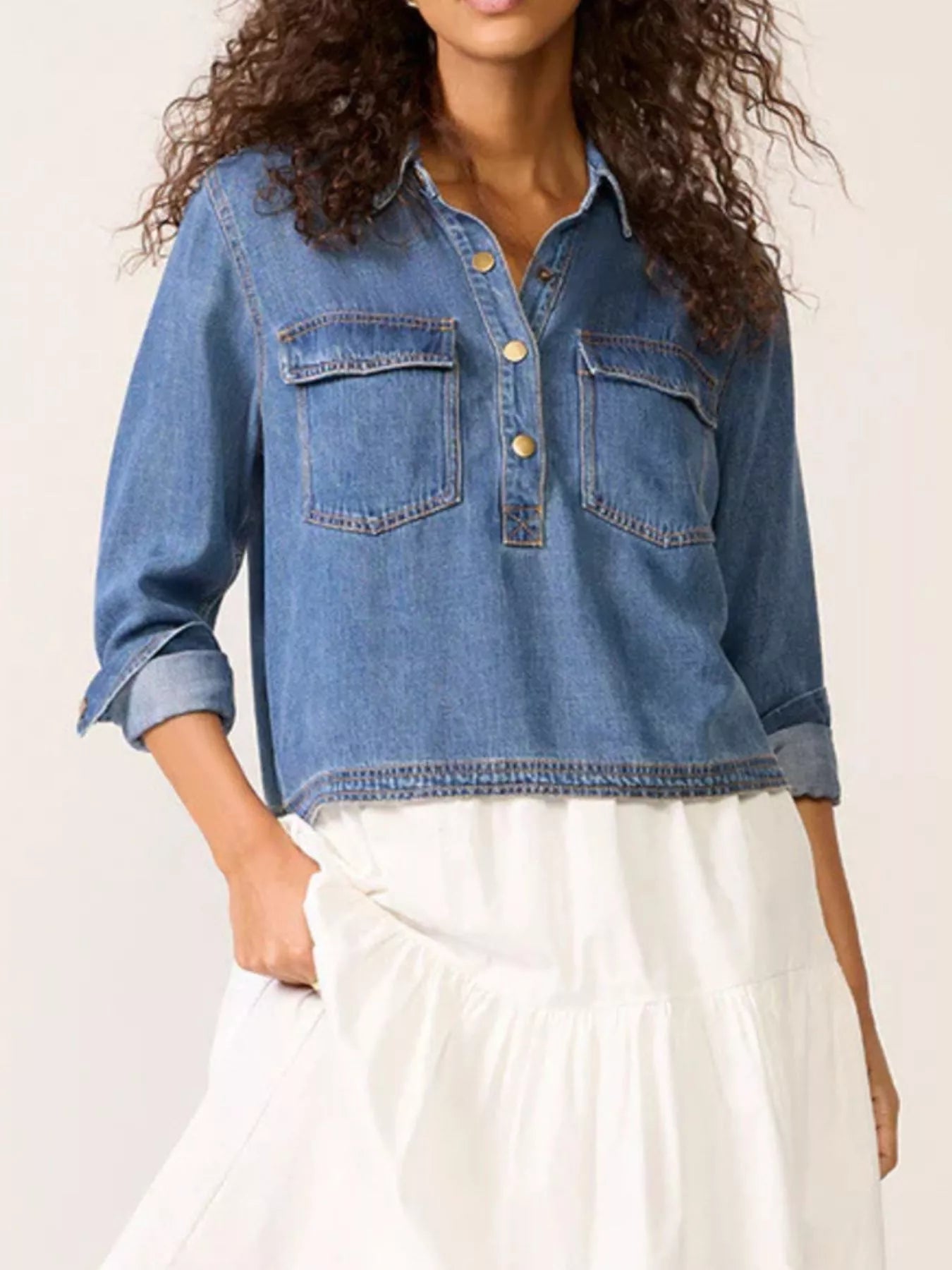 Half Snap Cropped Denim Top 