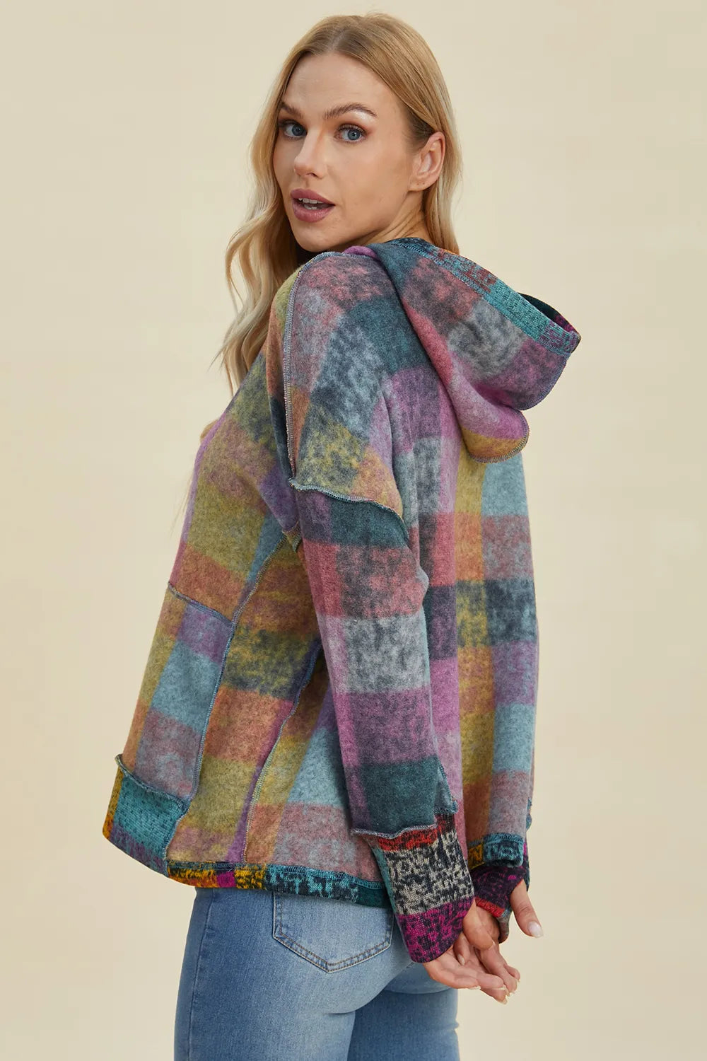 Double Take Full Size Plaid Dropped Shoulder Fleece Hoodie 