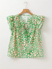 Printed Ruffled Cap Sleeve Blouse 