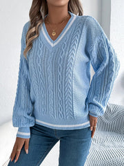 Cable Knit V-Neck Long Sleeve Sweater 