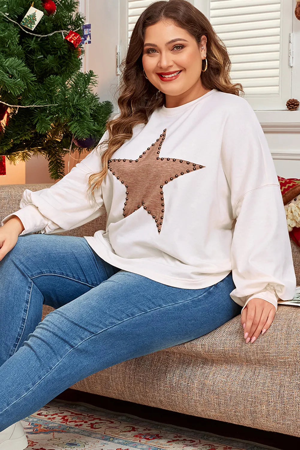 Plus Size Studded Star Round Neck Long Sleeve Blouse 