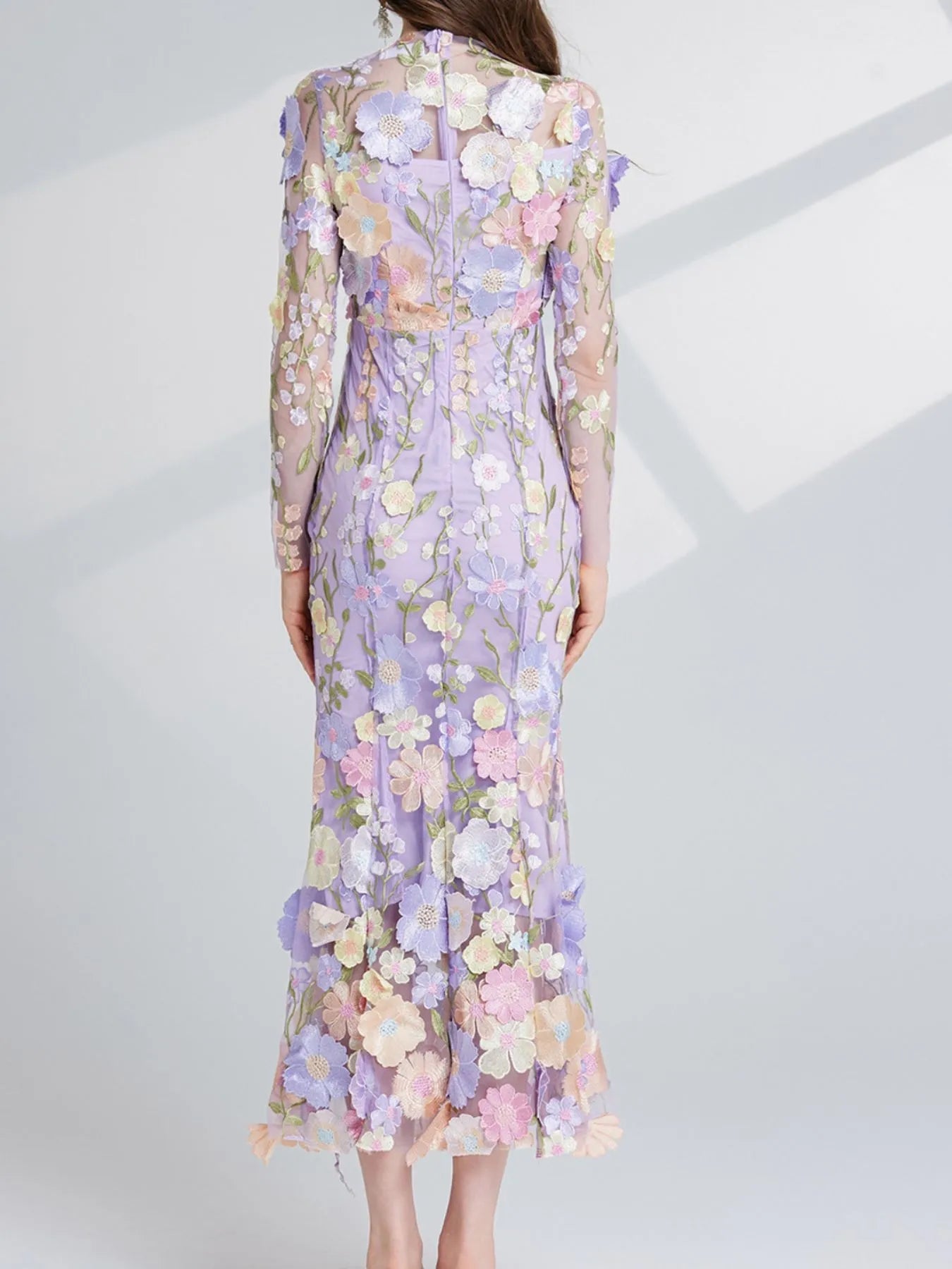 Floral Embroidered Mesh Long Sleeve Midi Dress 
