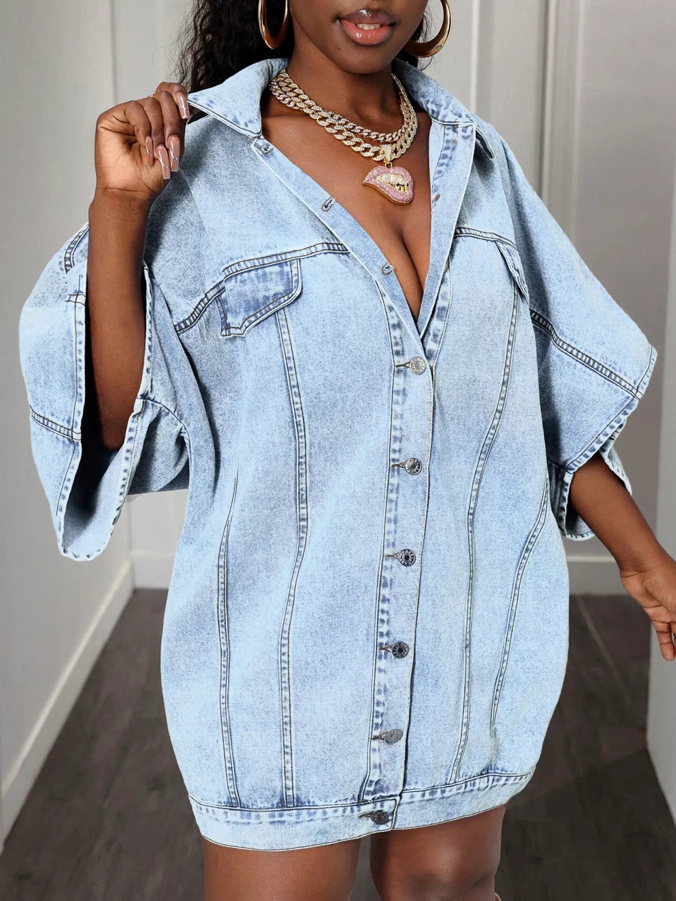 Oversized Batwing Sleeve Denim Top 