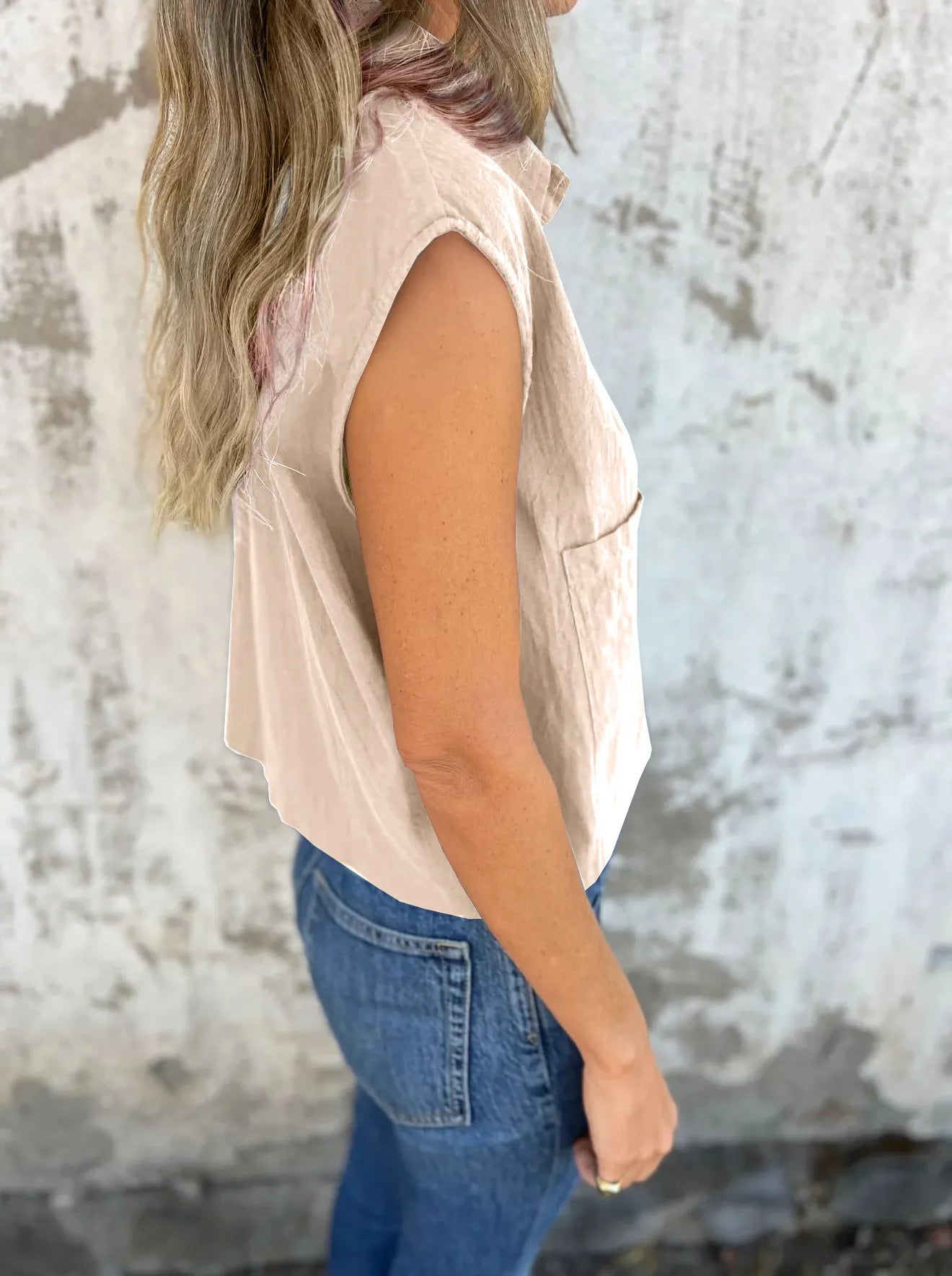 Full Size Button Down Cap Sleeve Linen Shirt Plus Size 