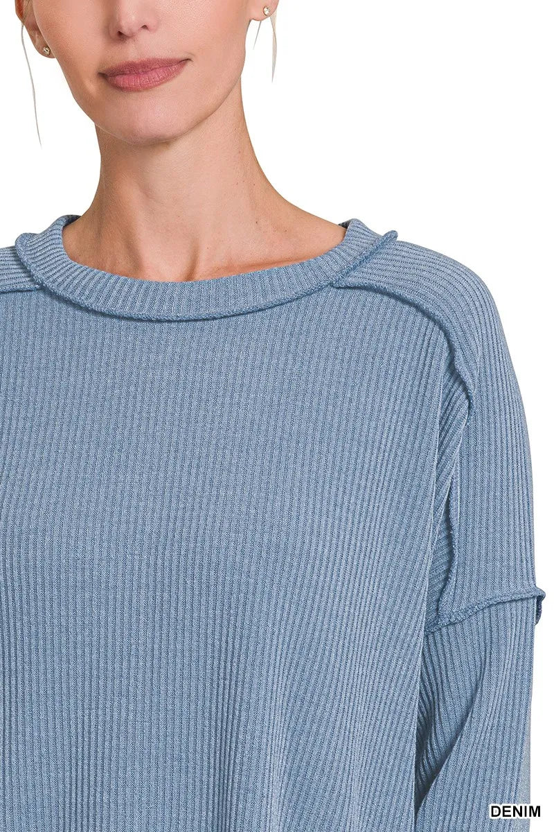 Zenana Ribbed Drop Shoulder Round Neck Sweater 
