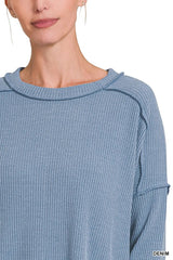Zenana Ribbed Drop Shoulder Round Neck Sweater 