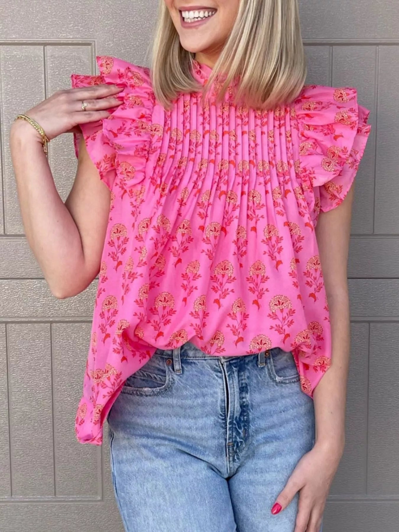 Floral Print Pleated Ruffled Flutter Sleeve Blouse 