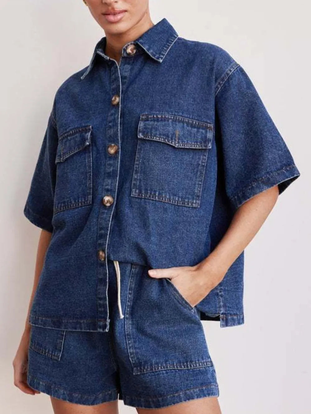 Button Up Half Sleeve Denim Shirt 
