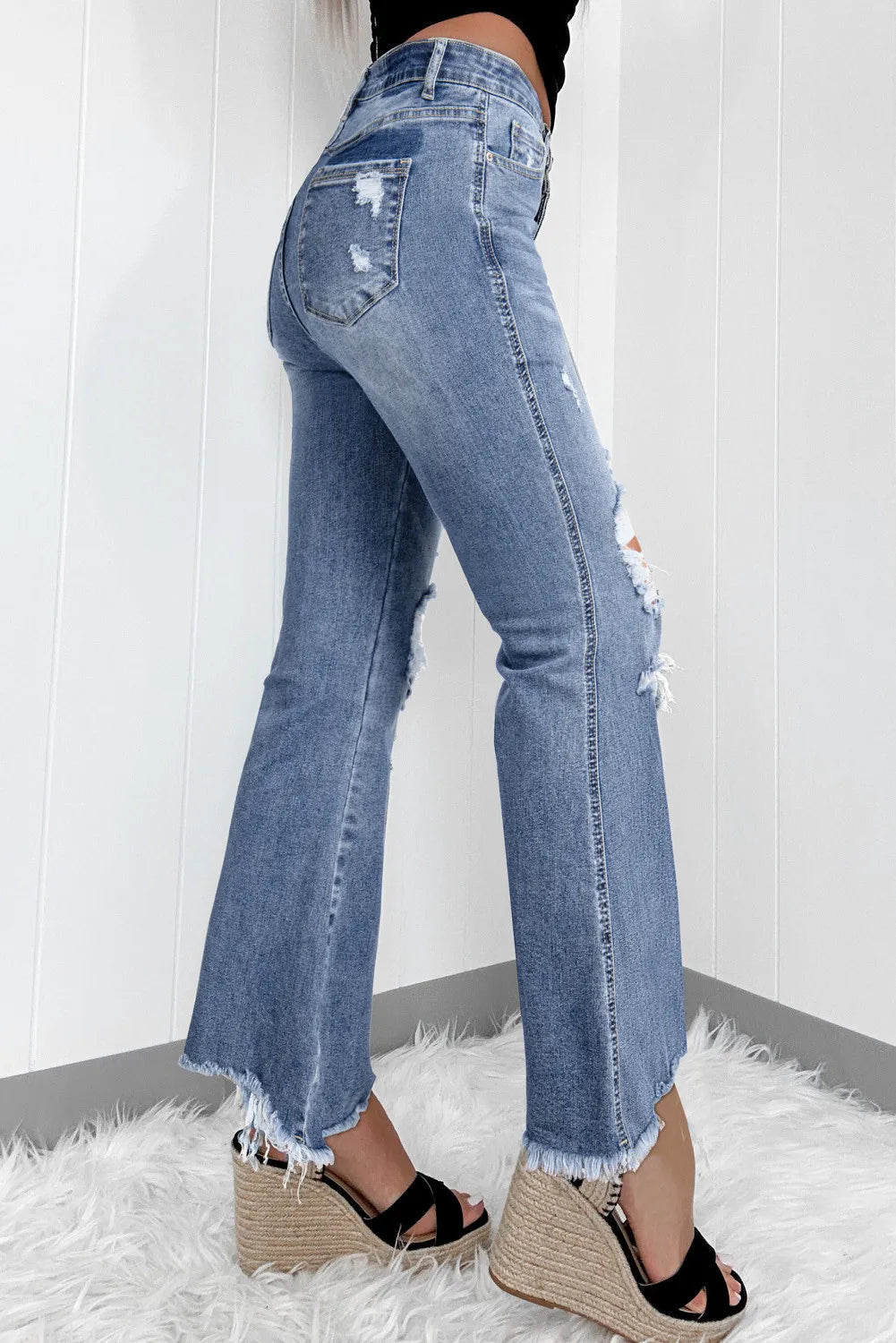 Distressed Raw Hem Bootcut Jeans 