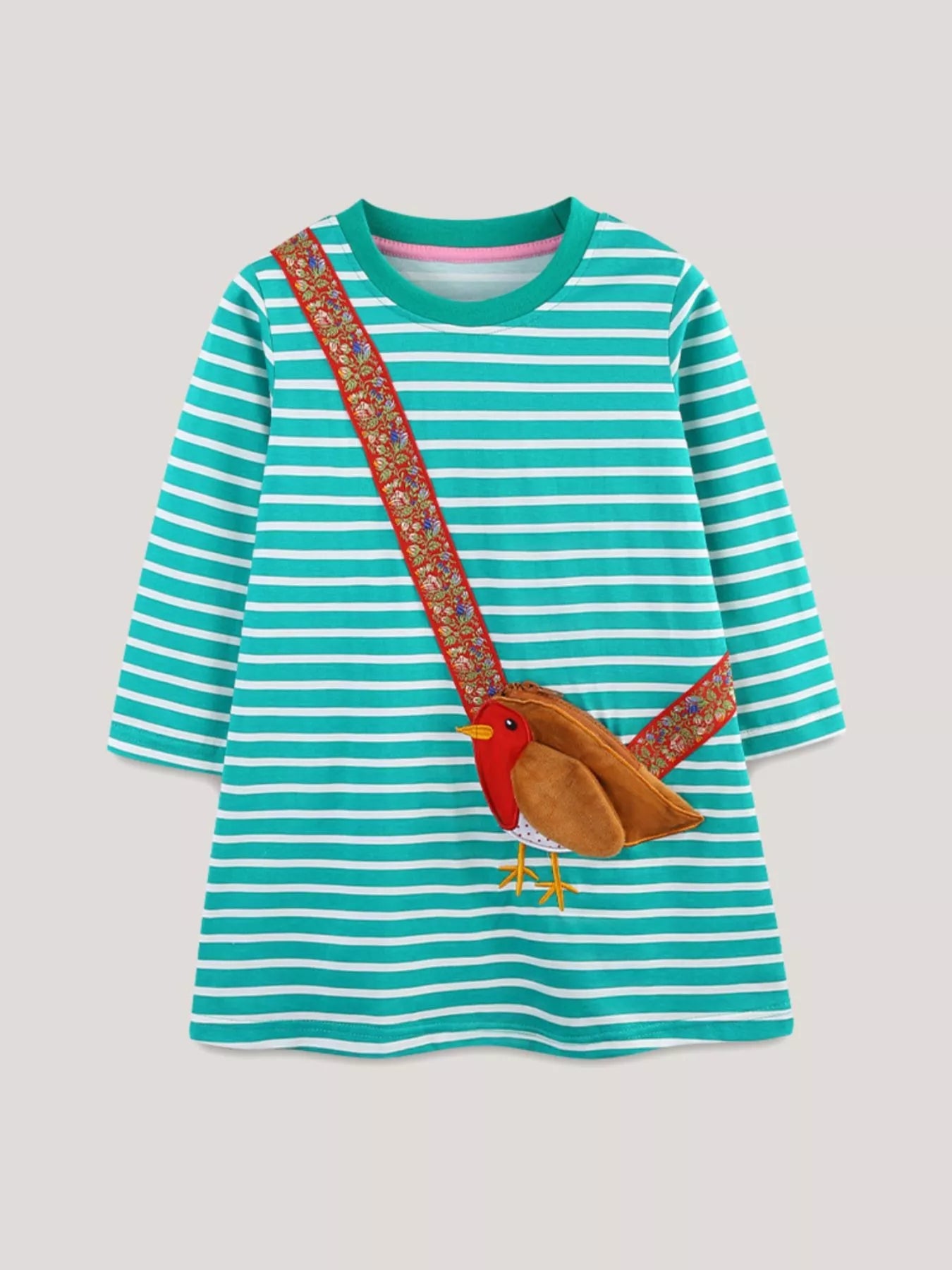 Children's Striped Bird Applique Long Sleeve Dress 