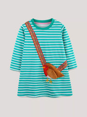 Children's Striped Bird Applique Long Sleeve Dress 