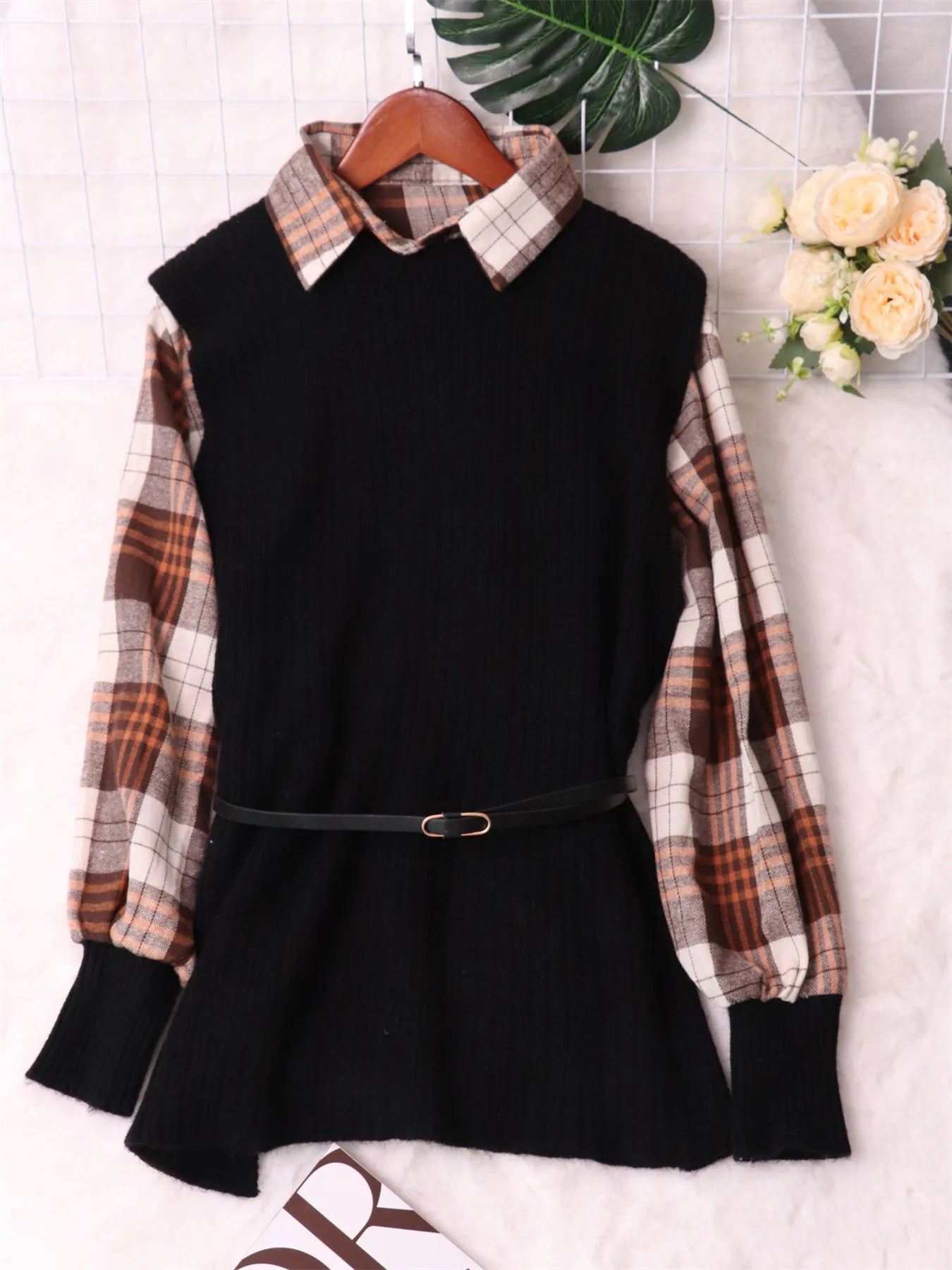Plaid Long Sleeve Sweater Dress 