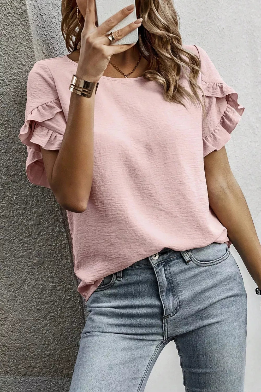 Solid Color Ruffle Trim Short Sleeve Blouse 