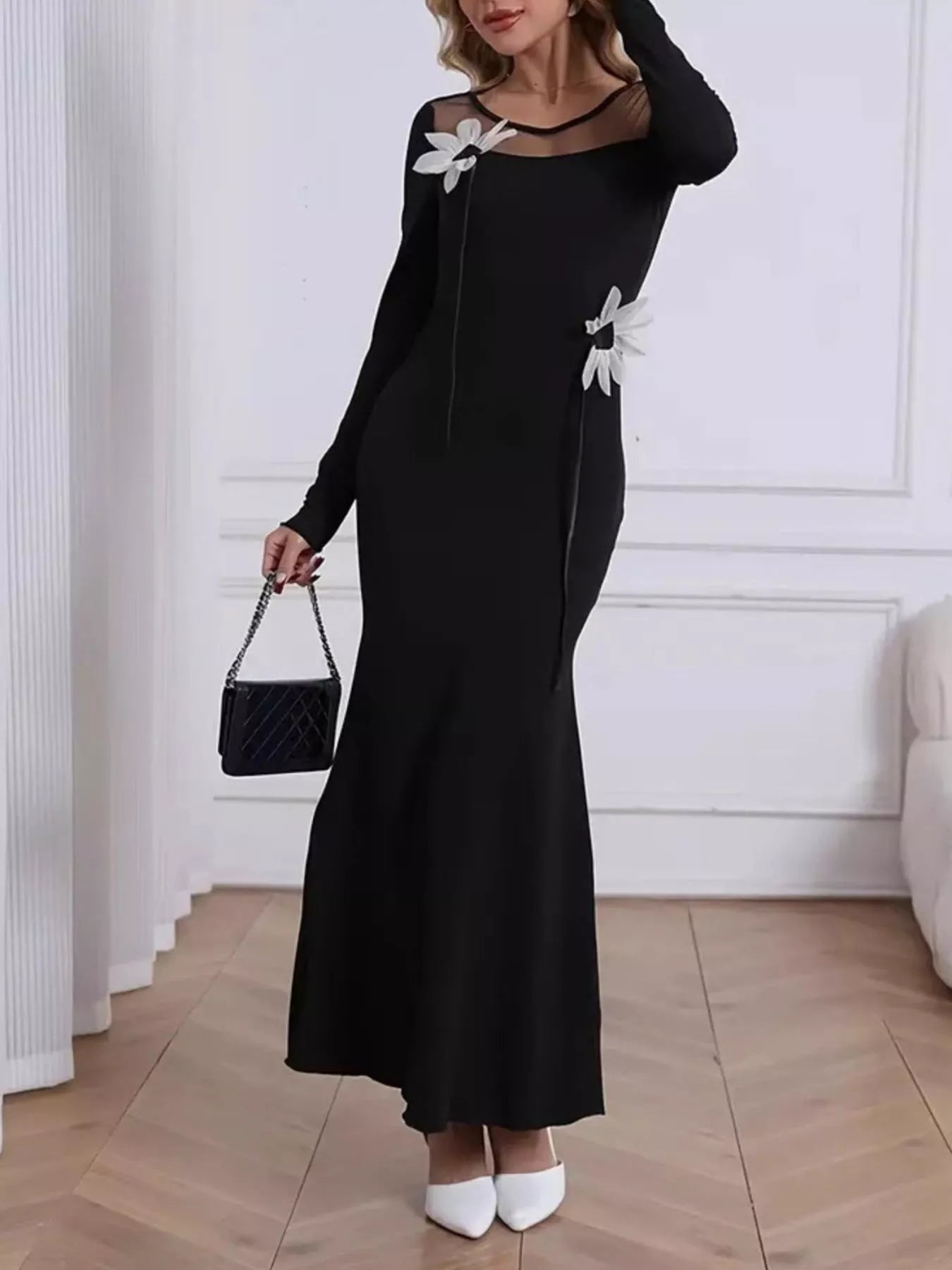Mesh Panel Long Sleeve Maxi Dress 