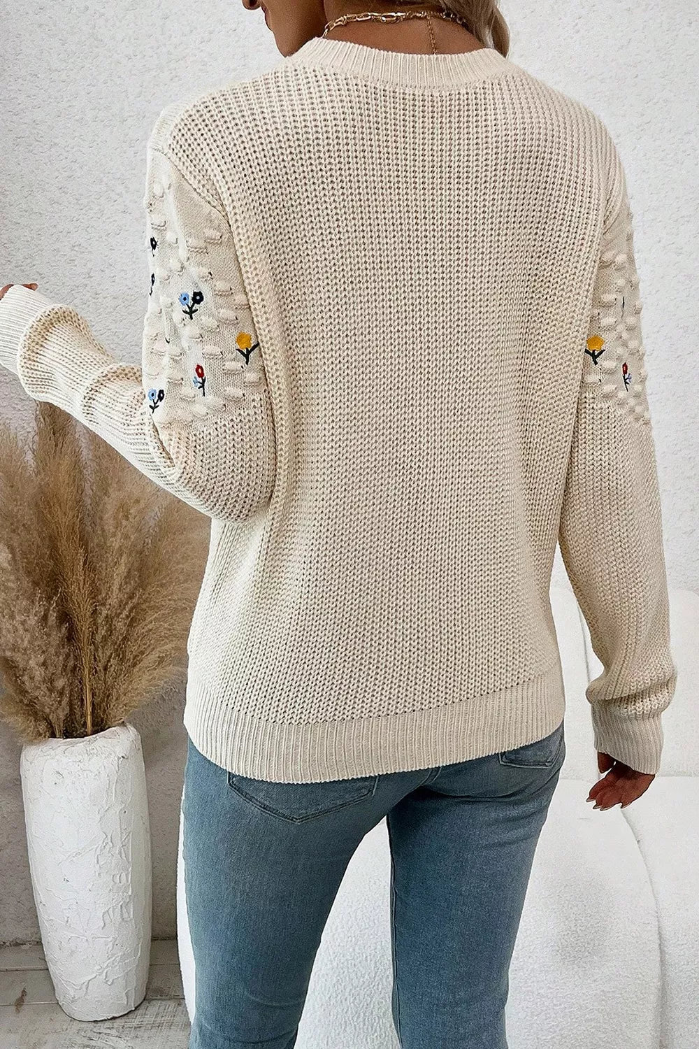 Floral Round Neck Dropped Shoulder Sweater 